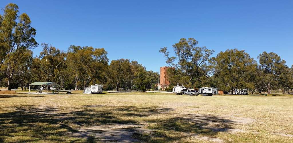 Narrandera Brewery Flat Reserve Free Camp NSW. Caravans and old brewery in the distance
