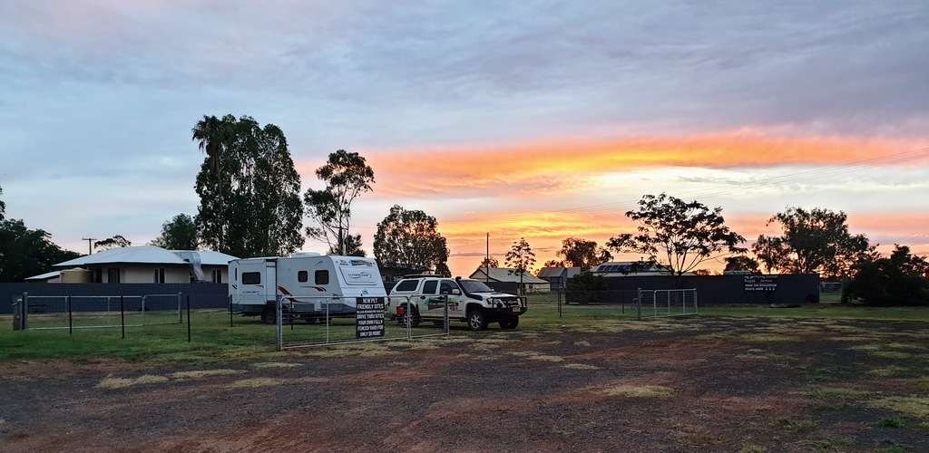 Wyandra post office store camp caravan park Queensland at sunset with carava