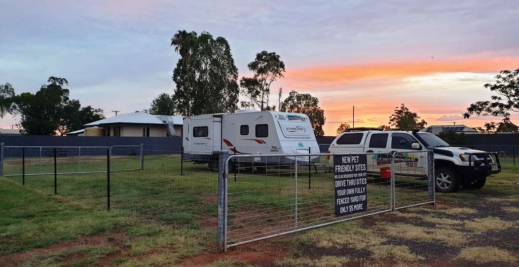 Wyandra post office store camp caravan park Queensland at sunset with caravan
